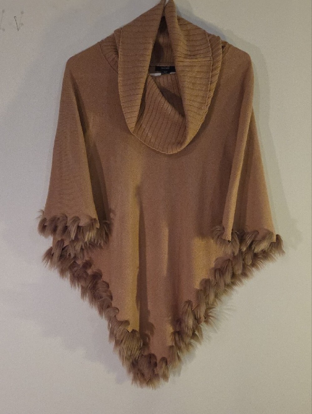 Alfani Taupe Cowl-Neck Faux-Fur Trim Poncho